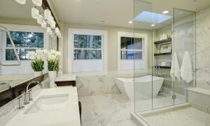 bathroom with shower, marble on the wall, Cumming, GA