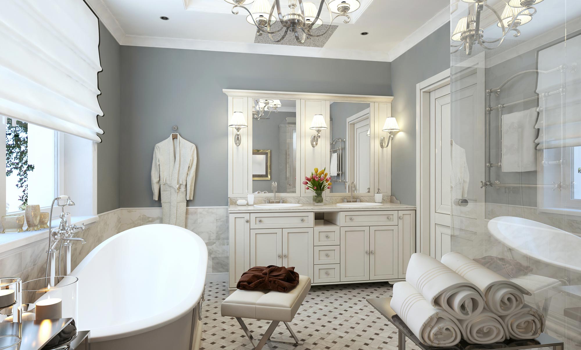 Large bathroom with bathtub, shower and two mirrors