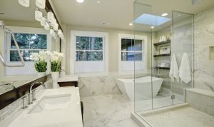 bathroom with shower, marble on the wall, Cumming, GA